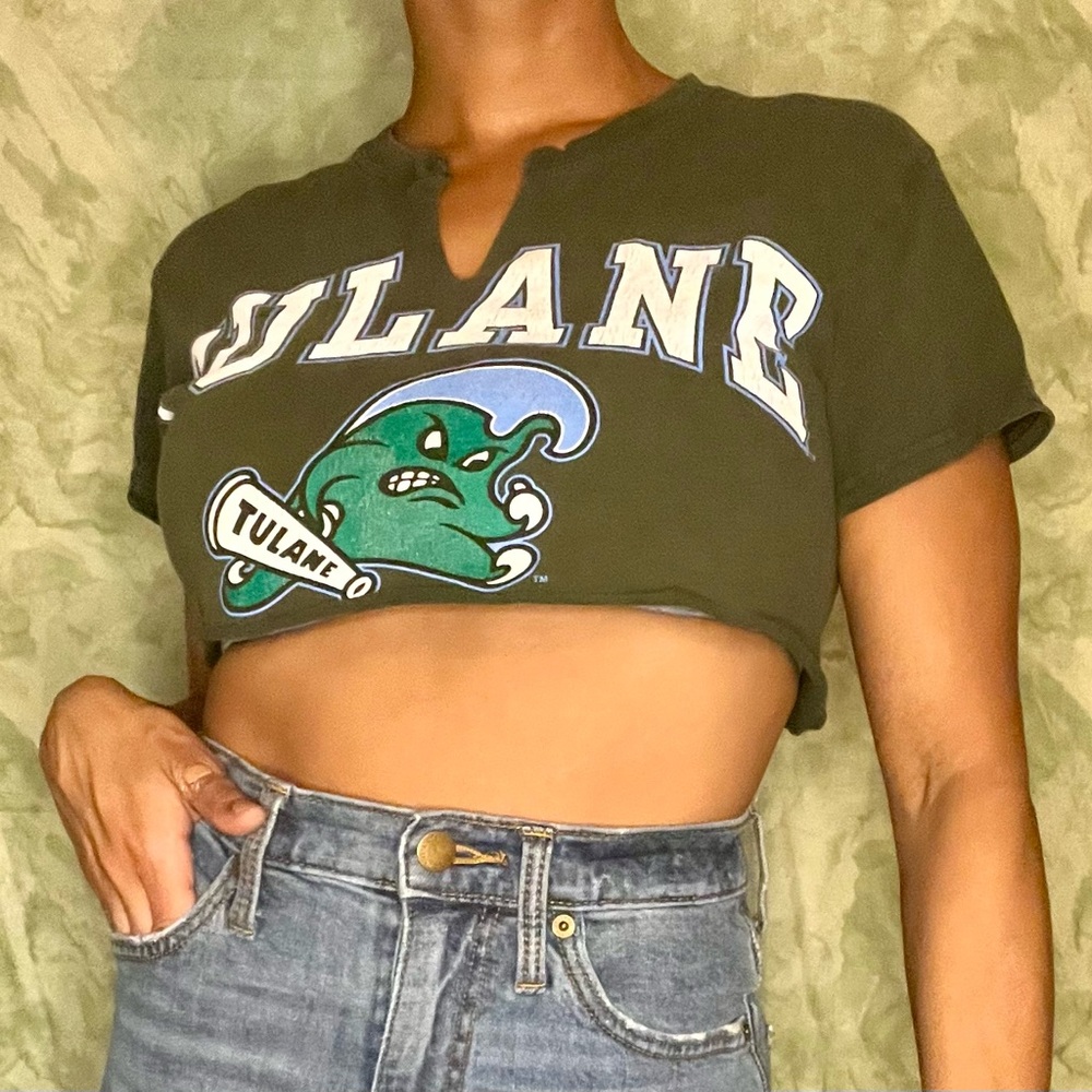 Green Tulane University V Neck Super Crop Top
